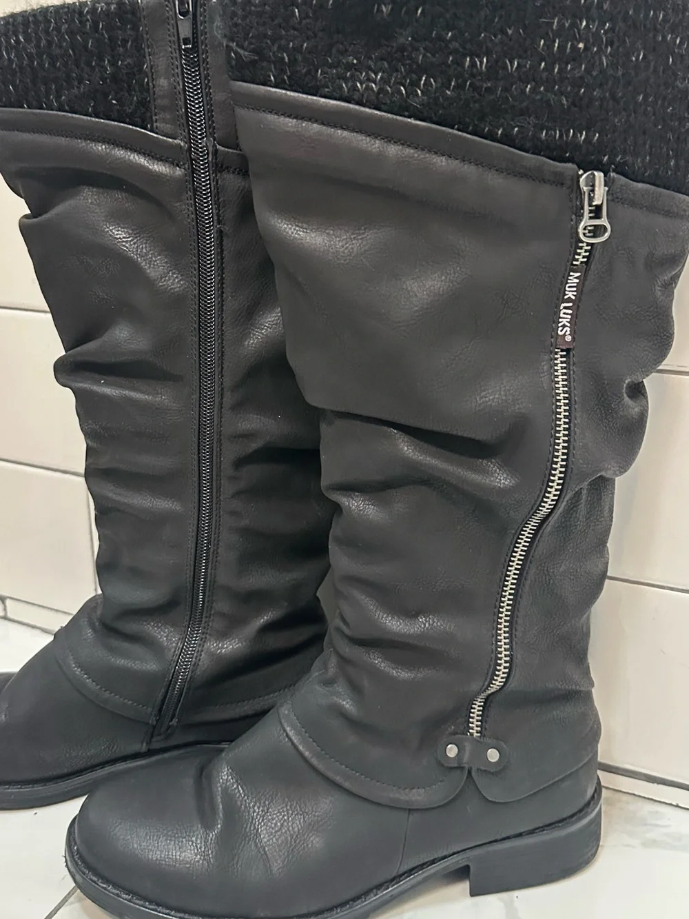 MUK LUKS Bianca Black Slouchy Knee High Boots Knit Cuff Size 8